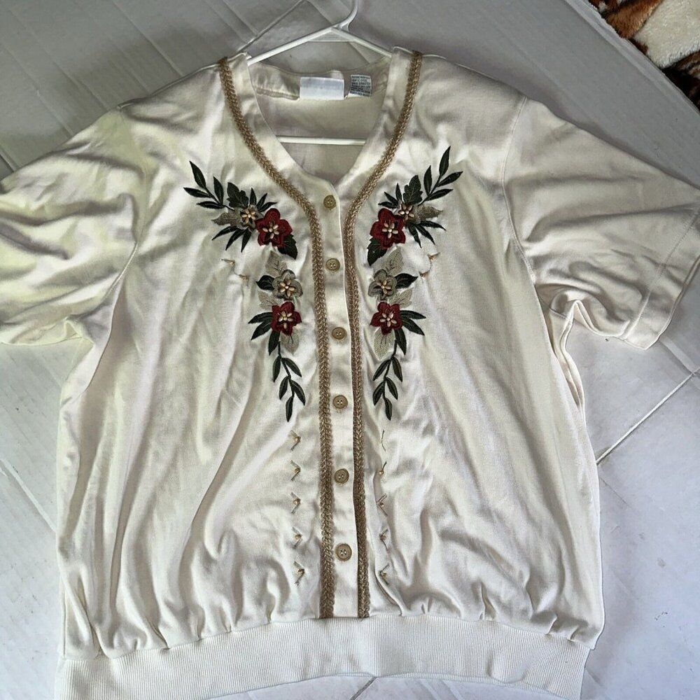 Vintage Alfred Dunner Womans Shirt 2XL Ivory Floral Embroidery READ